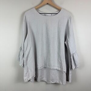 Bryn Walker Linen Fran Shirt L Gray 3/4 Ruffle Bell Sleeve Hi Lo Lagenlook Relax